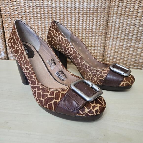 Fossil Womens Y2K Maddox Giraffe Print Calf Hair Buckle Chunky Block Heels 11 - Picture 1 of 11